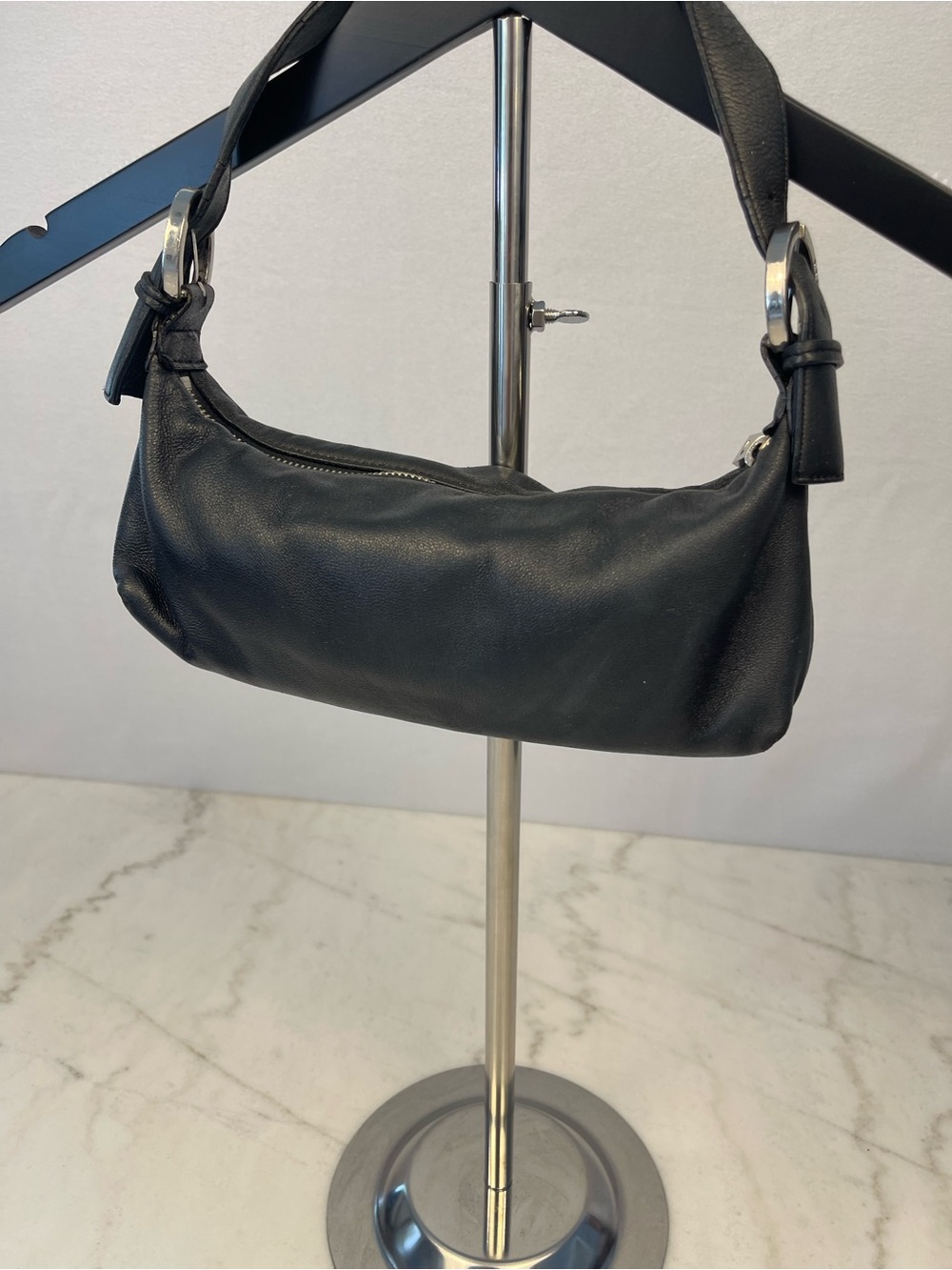 2YK Express mini baguette Black Leather Shoulder Bag with Silver Hardware